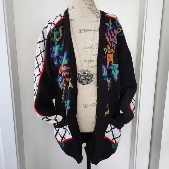 80s graphic knit buttonup cardigan sweater - Picture 5 of 10
